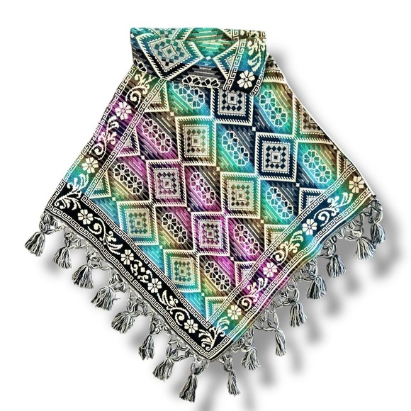 Boho Woven Poncho Womens One Size Colorful Tassels Fringe Geometric Boho Tribal - Picture 2 of 11